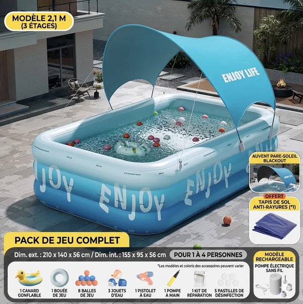 Pack Piscine Gonflable Familiale Anti-UV BabyPrint 2,1m — bannière produit avec piscine, bâche UV et gonfleur sans fil